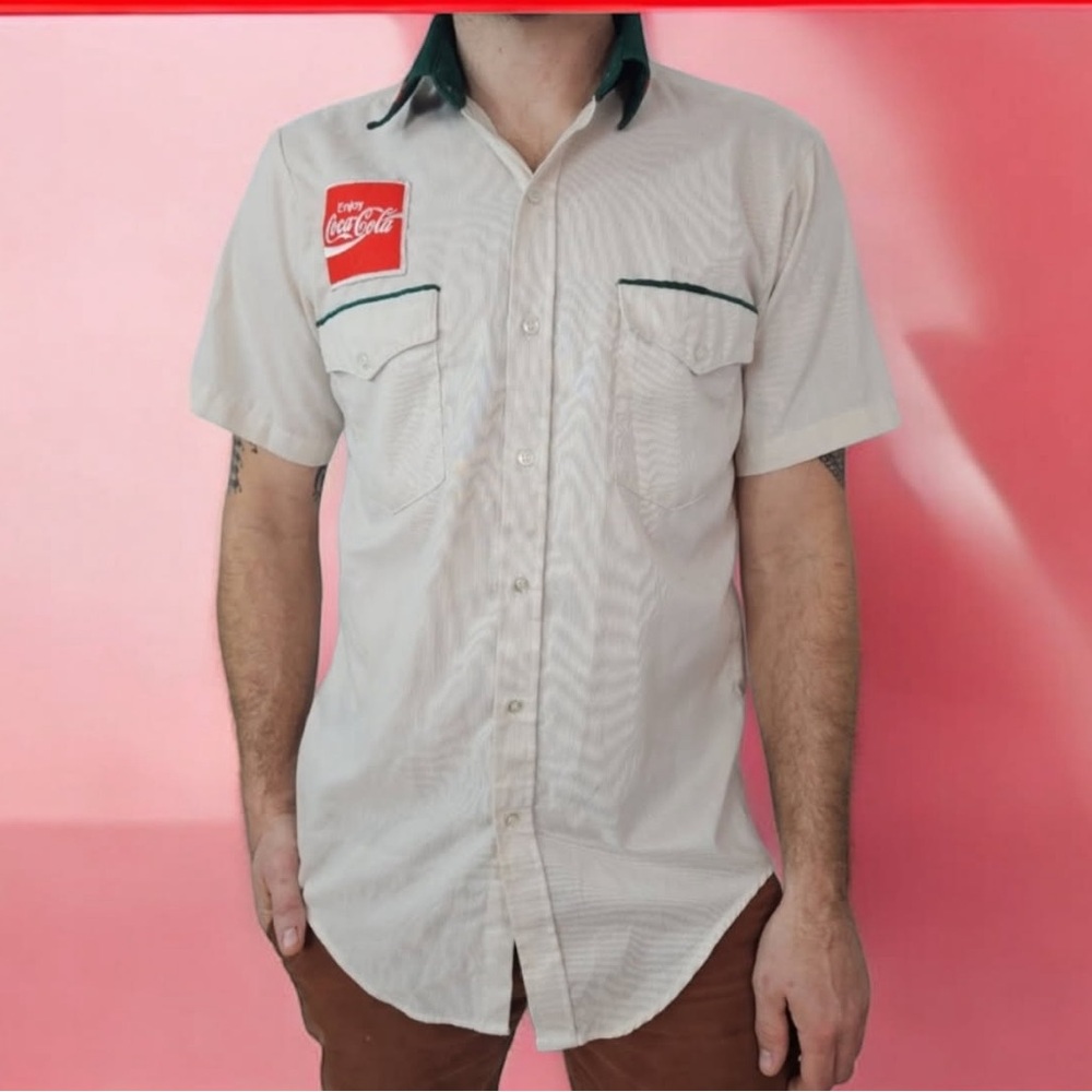 Vintage Coca Cola Cream and Green Button Down Work Shirt.